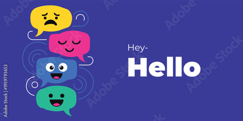 Colorful chat bubbles with smiling faces and hello greeting on blue background