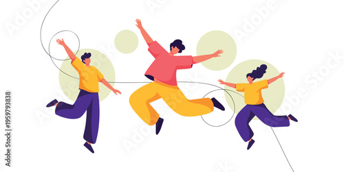 Three people jumping in the air with colorful clothing and green circles