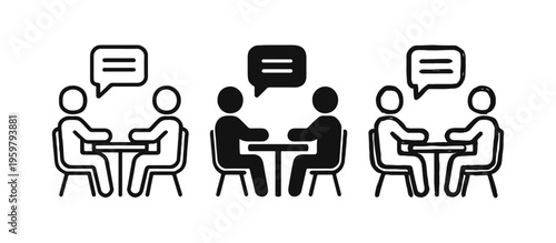 Business Meeting and Conversation Icons. Two People Talking at a Table with Speech Bubbles in Different Styles.