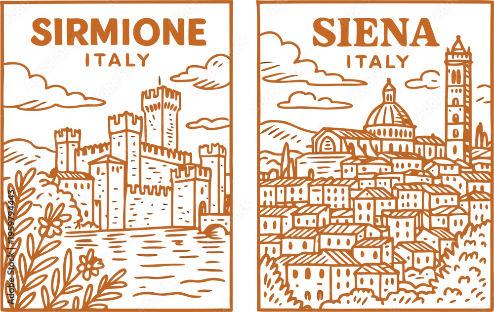 Fototapeta premium vintage travel posters of sirmione and siena italy vector illustration with medieval castles and historic architecture