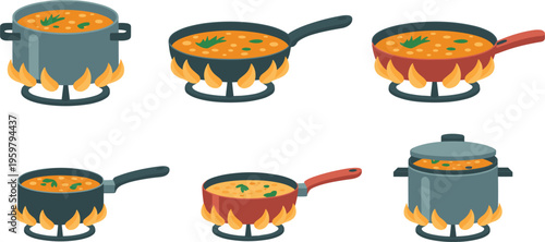Cooking pots and pans on stove with flames, boiling food kitchen vector illustration set