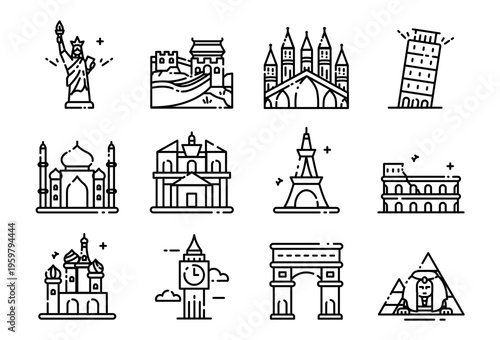 Famous world landmarks and monuments line icon set featuring global travel destinations