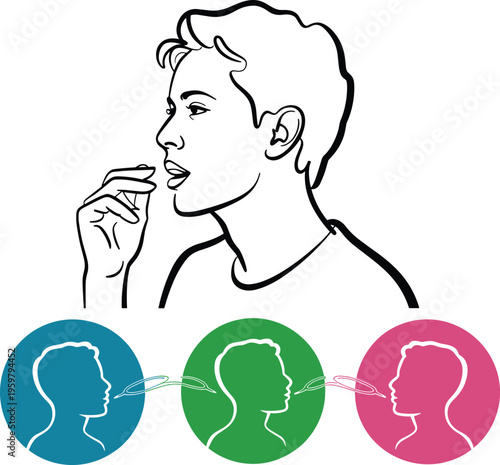 Line art illustration of person taking a pill with three colored circles showing communication