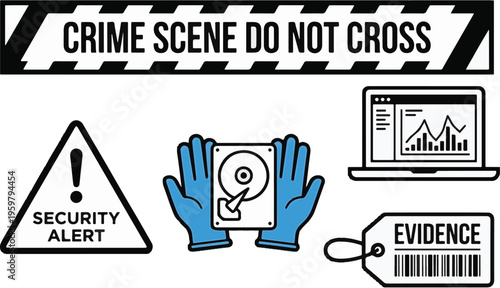 Police investigate crime scene with evidence laptop and security alert signs present