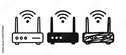Wi-Fi Router and Wireless Network Icons. Internet Connectivity Device Symbol Set in Line, Solid, and Hand-Drawn Styles.
