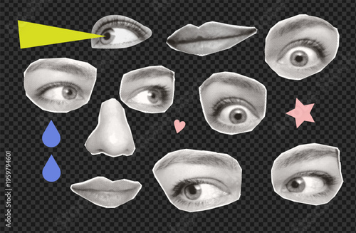 Emotional face anatomy cutout set. Retro halftone eyes, nose, lips, tear drops and stars on transparent grid. Vintage pop art collage vector elements bundle for punk zine, sticker or surreal brutalism