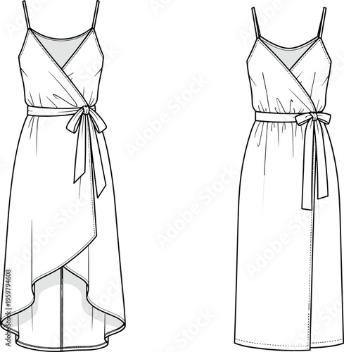 dress, wrap, fashion, clothing, women, sleeveless, elegant, summer, outfit, garment, design, illustration, vector, style, feminine, midi, casual, chic, apparel, collection