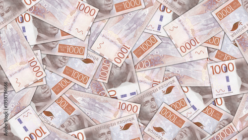 Finance illustration. Seamless pattern. Disorganized scattered banknotes of 1000 kronor, Kingdom of Sweden. Swedish money. Textured background or wallpaper. Obverse and reverse. Bills