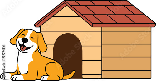 Cute dog sitting beside wooden doghouse, pet shelter cartoon style vector illustration design