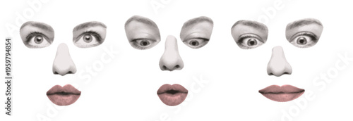 Funny crazy collage faces set. Retro halftone eyes, nose and lips cutout from newspaper. Vintage pop art anonymous emotion vector illustration for punk zine, weird poster or trendy streetwear print.