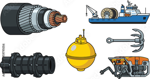 Industrial equipment and tools on a boat for offshore operations