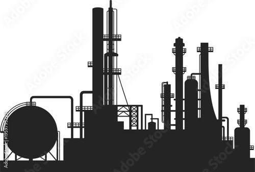 Oil refinery silhouette with industrial towers, petrochemical plant infrastructure black vector illustration design