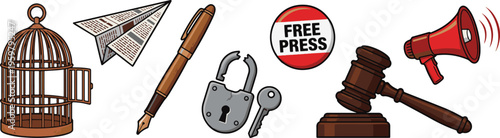 A collection of various objects including a birdcage, paper airplane, pencil, lock, keys, gavel, and megaphone on a table indoors.