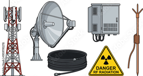 A detailed illustration of various telecommunication equipment and a radiation warning sign