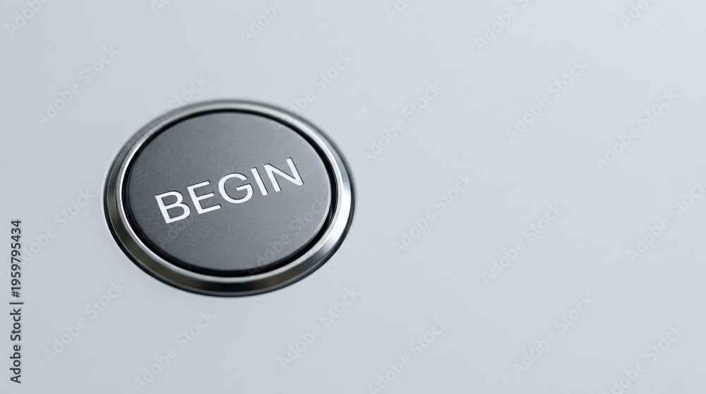 Fototapeta premium Begin button start button black button round button metallic button push button technology interface control modern minimalist gray background circular close up electronic device equipment button