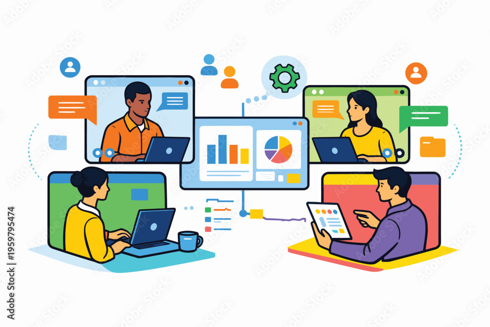 Fototapeta premium Collaborative remote team meeting with data analysis and communication tools