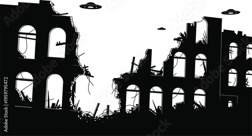 Destroyed buildings silhouette with flying UFOs, post apocalyptic ruins scene black vector illustration