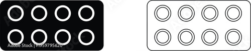 Medical blister pack icons, pharmaceutical pill strip vector set, black and white medicine tablet packaging symbols for healthcare design