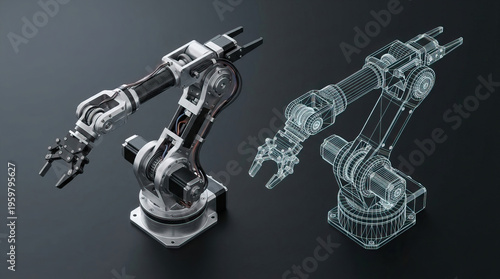Wallpaper Mural Digital twin concept showing robotic arm with detailed mechanical design alongside its digital twin wireframe model illustrating advanced technology and innovation in automation Torontodigital.ca