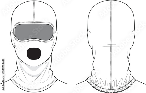 Balaclava mask design, face cover with eye panel, front back view, winter gear, vector illustration, protective headwear, minimal apparel template