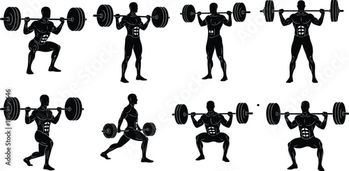 barbell, squat, exercise, sequence, fitness, training, gym, workout, strength, athlete, muscle, bodybuilding, lifting, power, illustration, silhouette, technique, weight, progression, health