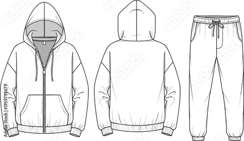 hoodie template, technical drawing, front back view, apparel mockup, streetwear design, fashion outline, blank sweatshirt, clothing vector, garment sketch