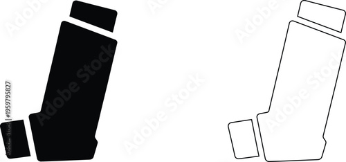 Asthma inhaler icon set, medical respiratory pump vector illustrations, black silhouette and line art inhaler symbols for healthcare design