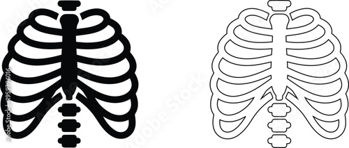 Human rib cage vector icons, anatomical ribcage silhouette and outline set, medical chest bone structure graphics for healthcare education