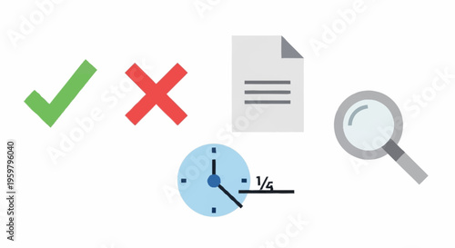 Graphic symbols for check mark, cross, document, clock, and magnifying glass.
