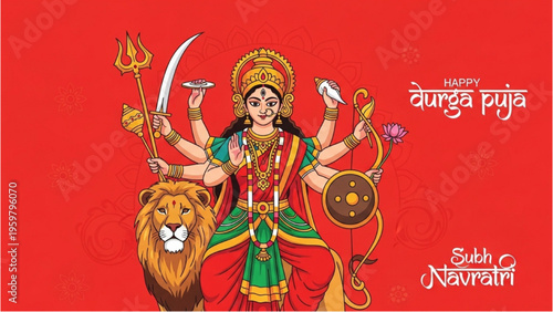 The goddess Durga rides a lion with four arms during Dussehra festival celebrations.