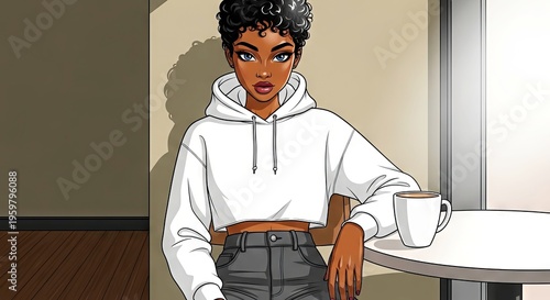 Young black woman sitting at a table in a cafe with a cup  
