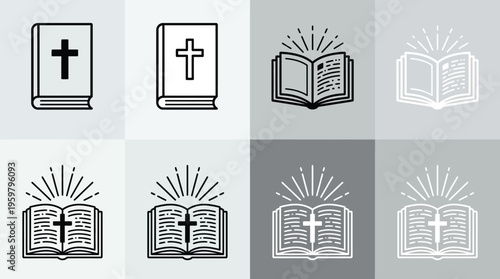 Collection of sacred bibles with crosses and glowing light rays, religious iconography set