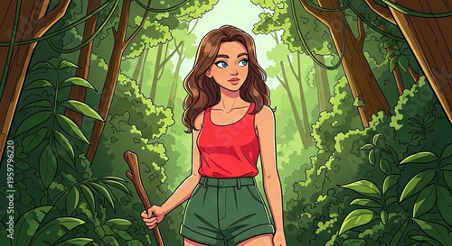 Young woman hiking in jungle with a stick and casual attire  