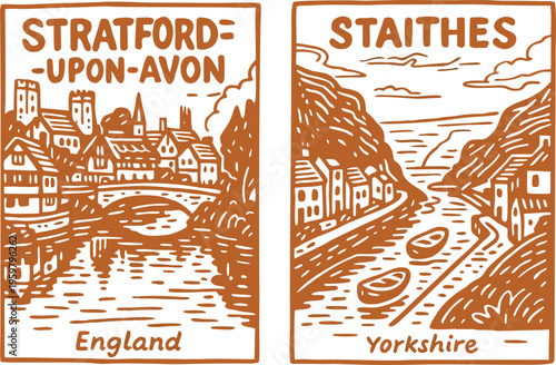 Vintage England Travel Posters: Stratford-upon-Avon and Staithes vector illustration