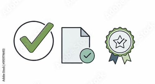 Checklist and certificate icons for approval.
