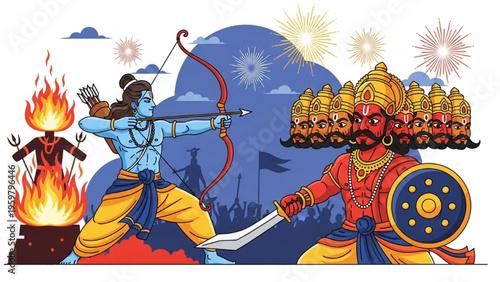 Warrior Rama Fights Ravana with Bow and Arrow in Epic Battle Scene