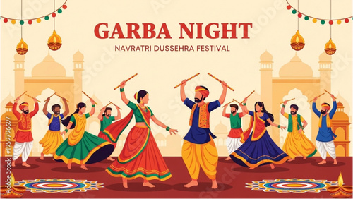 People dance energetically at a vibrant Garba Night festival event outdoors.