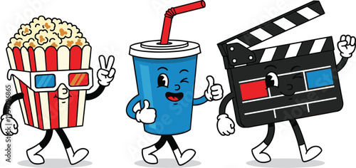 cinema snack characters, popcorn mascot, soda cup cartoon, movie clapperboard, cute illustration, entertainment theme, funny mascots, 3d glasses design
