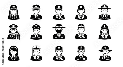 Foto Diverse Collection of Police Officer Avatars in Black and White.