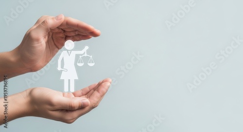 Legal protection and justice concept, human hands sheltering female lawyer icon with scales, insurance and civil rights advocacy symbol