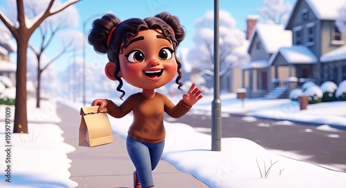 Young girl smiling while walking through snowy neighborhood in winter  