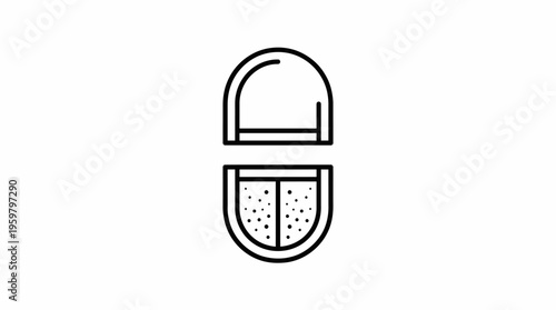 Opened Pill Capsule Outline Icon with Granules Showing Medication Contents on Isolated White Background
