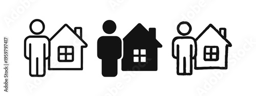 Person and House Icons Set - Homeowner and Property Symbols Representing Residential Life