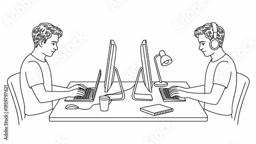 Young Man Working on Computer Line Art Vector Set – Minimal Office Desk Illustration Collection