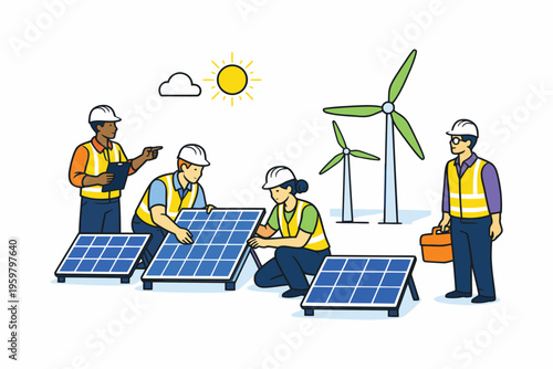 Team installing solar panels alongside wind turbines for renewable energy production