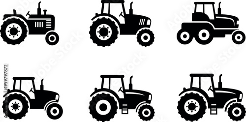 Black and White Tractor Silhouettes Set in Various Styles and Angles for Farming and Agricultural Use