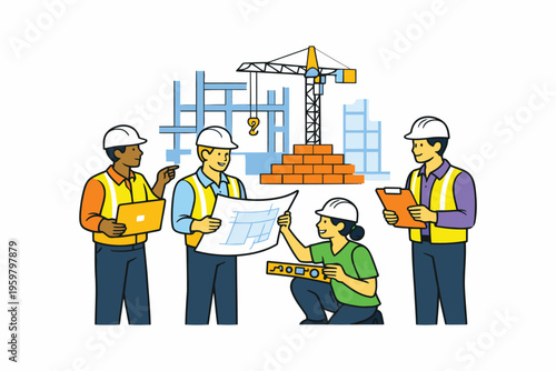 Construction team collaborating on building plans at a site