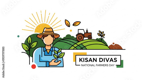 Farmer holds plant near tractor on sunny green hill on National Farmers Day