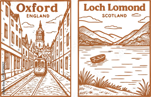Vintage Oxford street scene with tram and Loch Lomond with boat, UK travel vector illustration