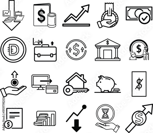 A collection of black and white icons related to finance and money Vector
